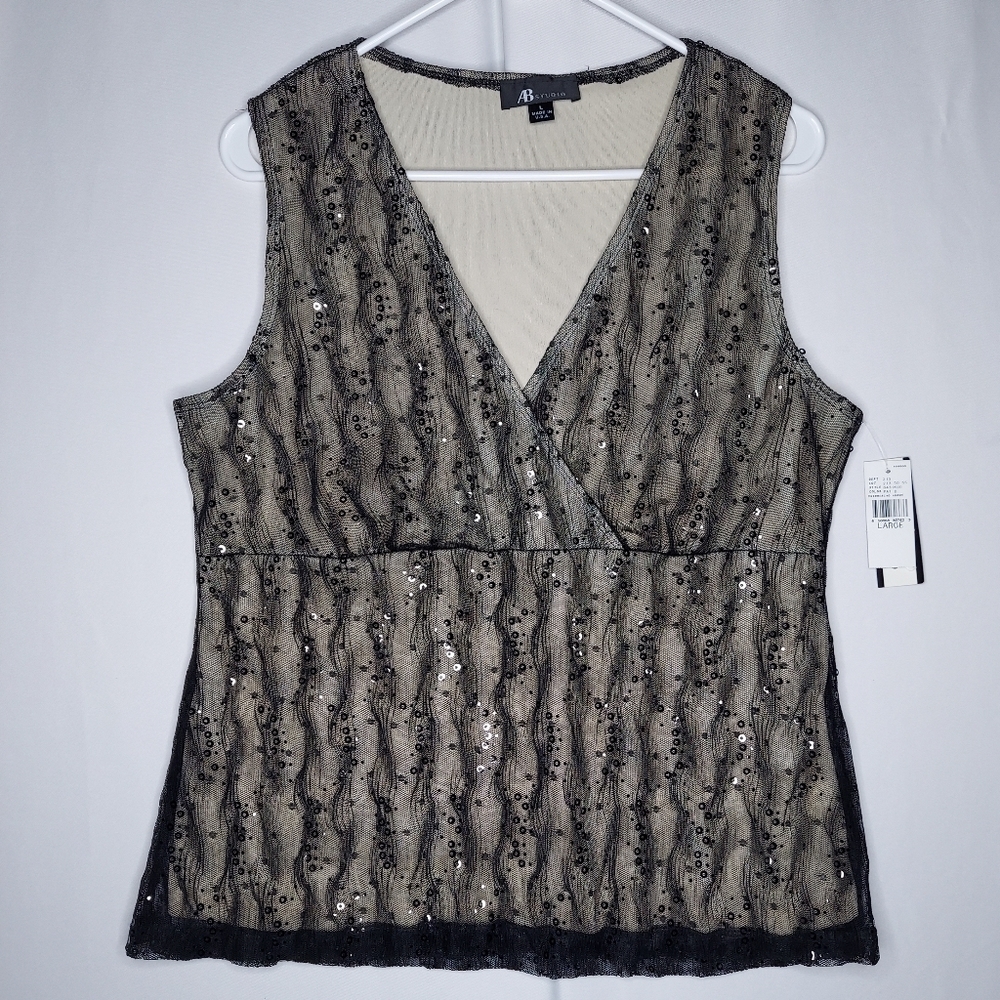 AB Studio Y2K‎ Vtg Sequin Lace Empire Tank Top Large Sheer Lined Vneck Witchy